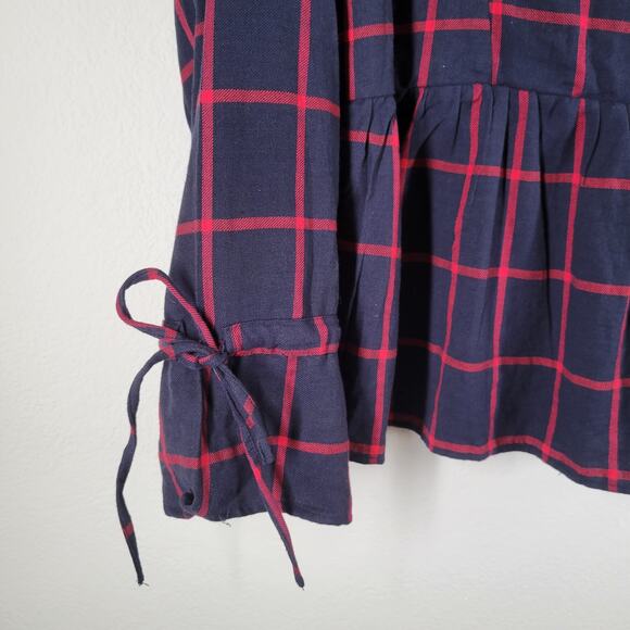 ASOS Curve Plaid Blouse Womens 14 Blue Red Faux Wrap Bell Sleeve Academia - Picture 3 of 9